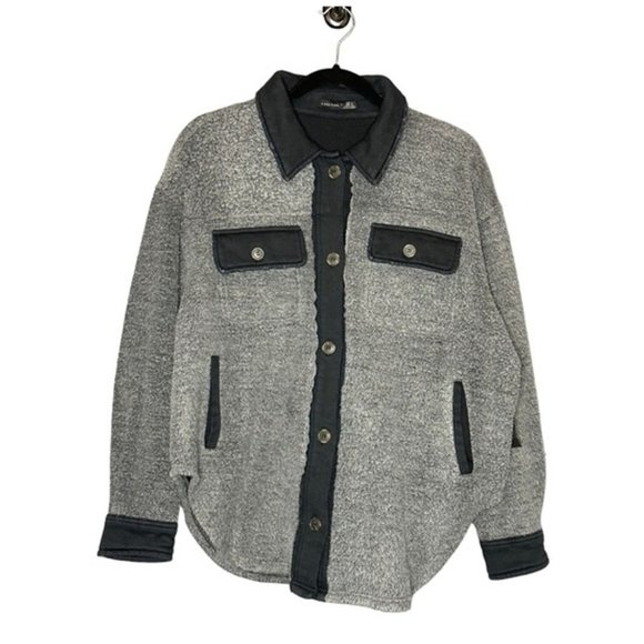 NWT Black Tape Womens Trendy Distressed Button Down Fleece Shacket (S) - Picture 1 of 8